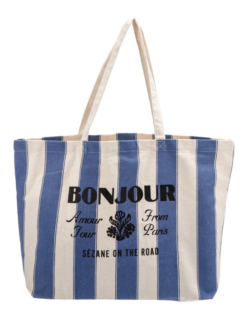 Sรฉzane Bonjour Blue Striped Canvas Tote Bag Paris Graphic Oversized Beach Bag